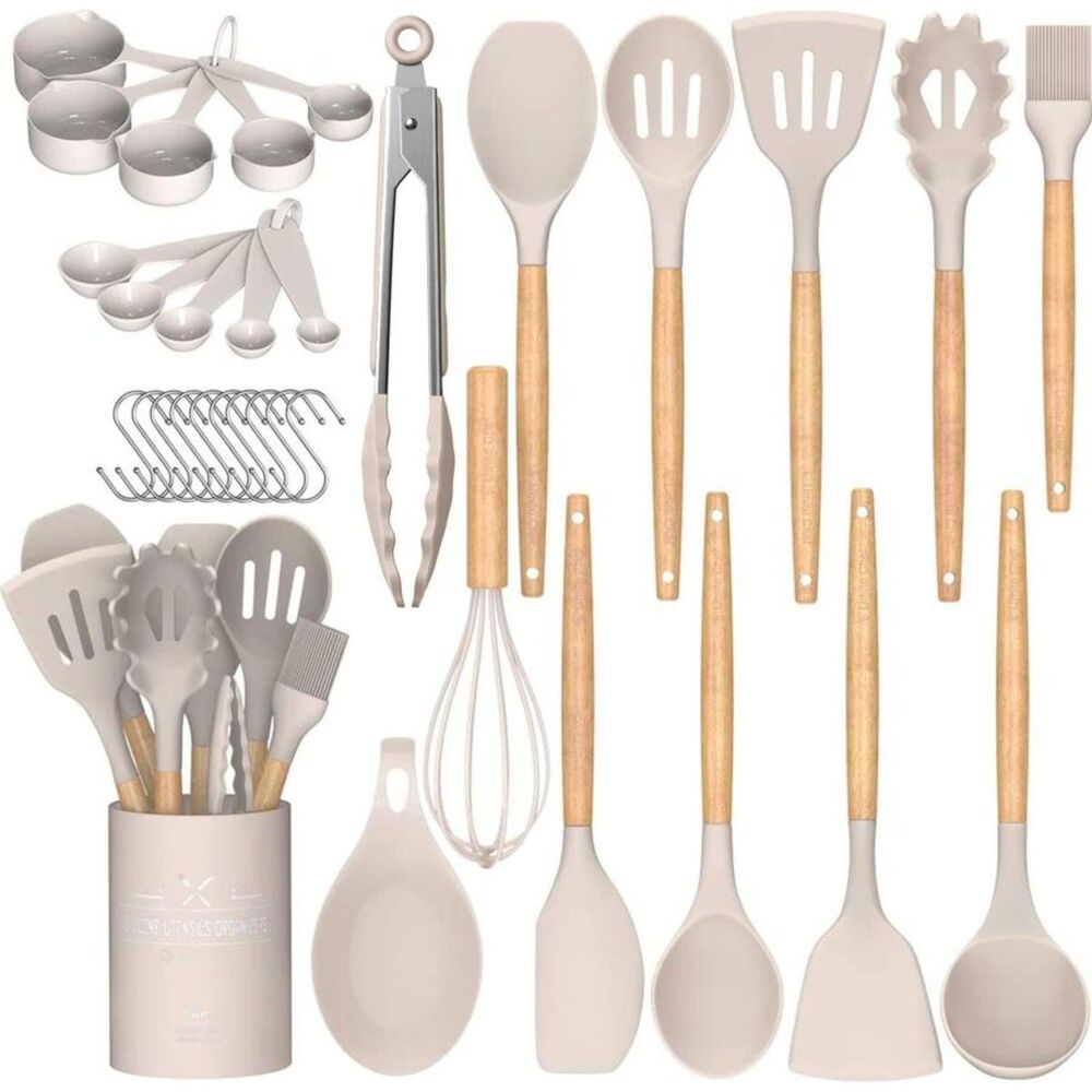 Umite Chef 33 Pcs Silicone Kitchen Utensils Set Nonstick Wooden Handle Khaki New